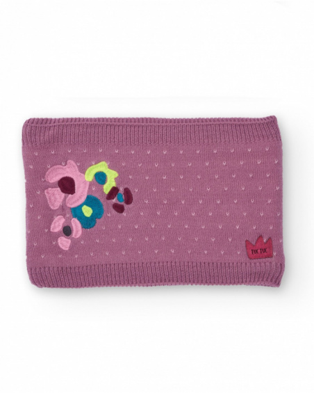 Knit neck warmer for girls in mauve with floral embroidery.