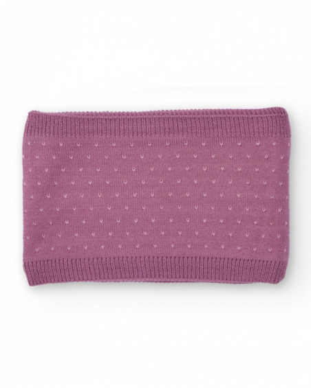 Knit neck warmer for girls in mauve with floral embroidery.