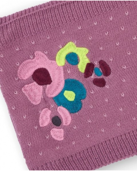 Knit neck warmer for girls in mauve with floral embroidery.