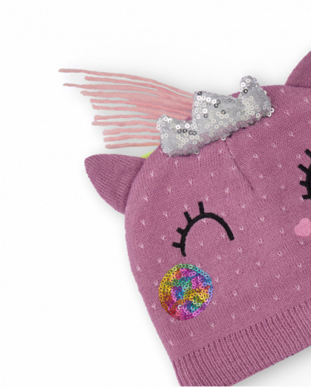 Knit hat and neck warmer set for girls in mauve with unicorn design.