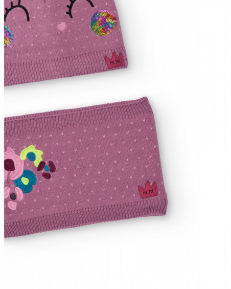 Knit hat and neck warmer set for girls in mauve with unicorn design.