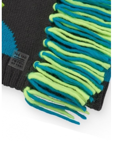 Knit beanie for boys in gray with dinosaur design and 3D mane.