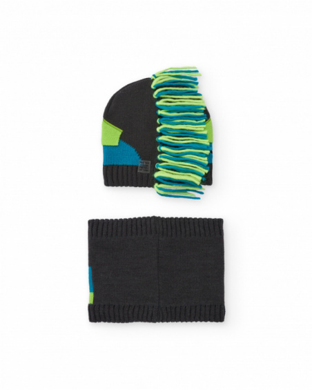 Knit hat and neck warmer set for boys in gray with dinosaur design.