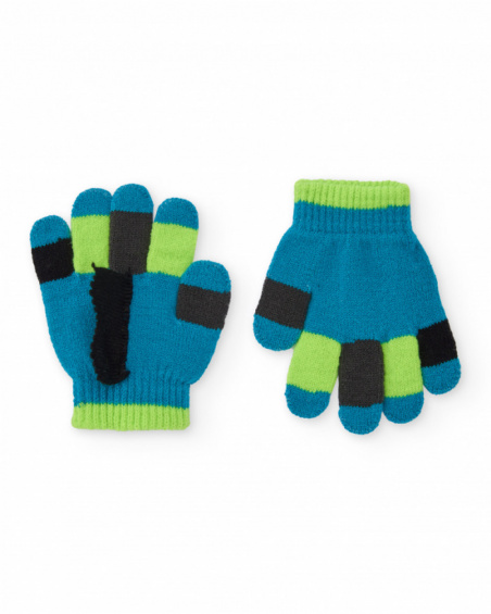 Knit gloves for boys in blue with dinosaur design.