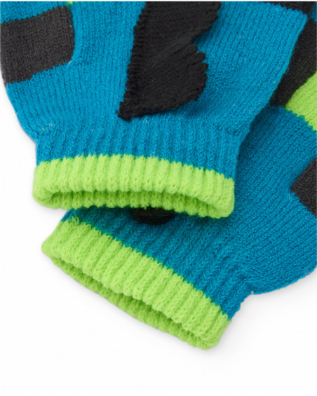 Knit gloves for boys in blue with dinosaur design.