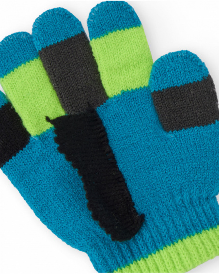 Knit gloves for boys in blue with dinosaur design.