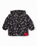 Padded jacket for boys in black with rock print.