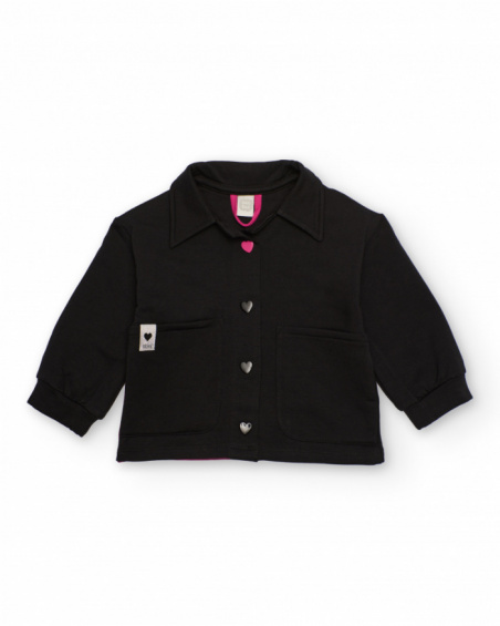 Black jacket for girl with heart buttons and back flower