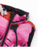 Reversible padded vest for girls with fuchsia flowers and black side