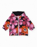Hooded jacket for girls with floral print in fuchsia.