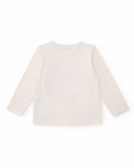 Ecru long-sleeve T-shirt for girls with music print and glitter