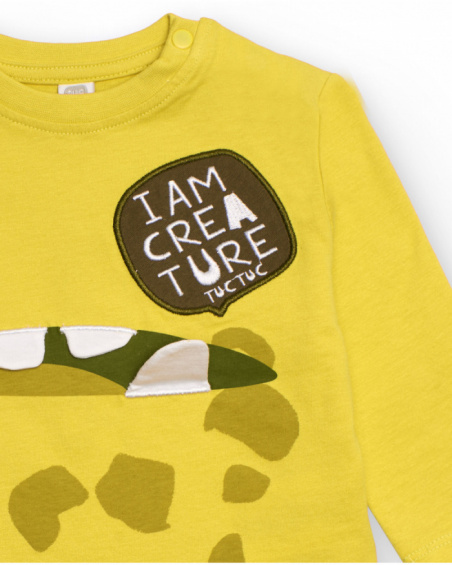Long-sleeved T-shirt for boys in yellow with dinosaur design and embroidered text.