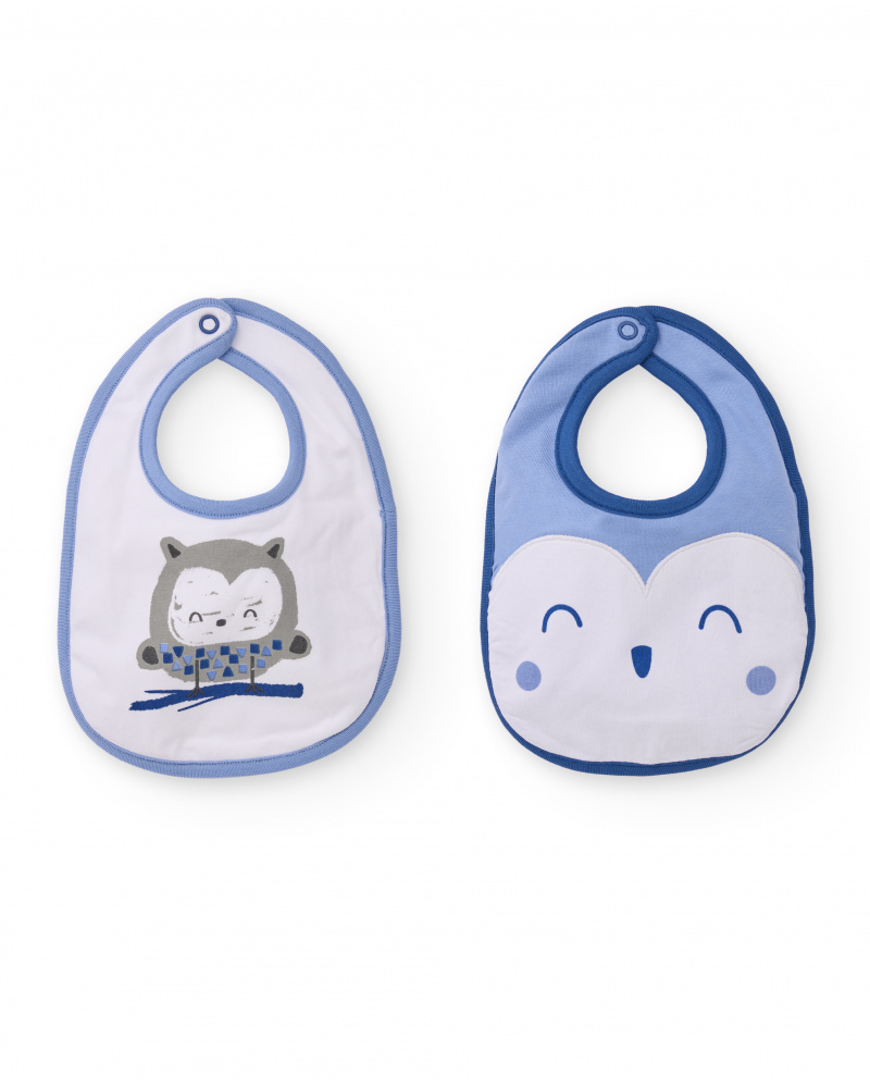 Set of two bibs for newborn in blue and white tones with fun owls prints