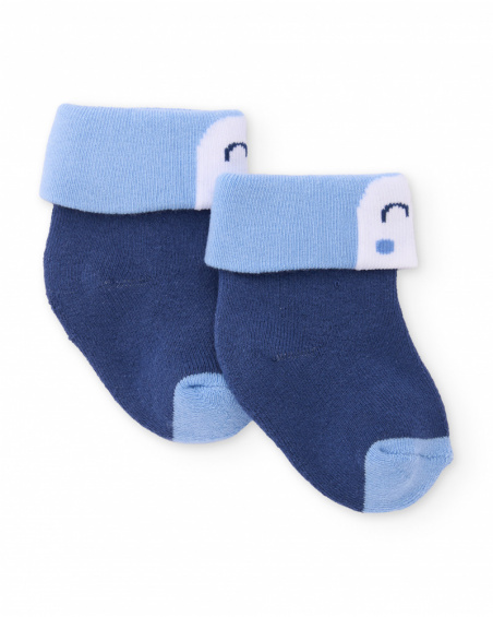 Baby boy socks in navy and light blue with smiling face detail