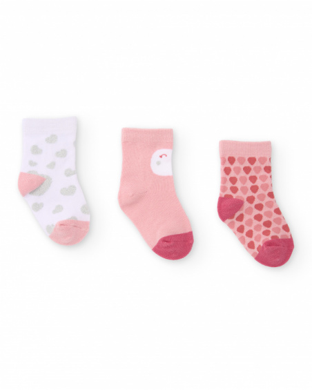Set of 3 pairs of socks for baby girl in pink and white tones with heart designs
