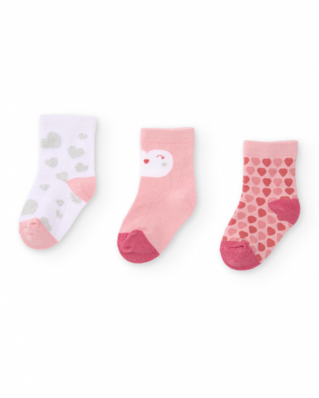 Set of 3 pairs of socks for baby girl in pink and white tones with heart designs