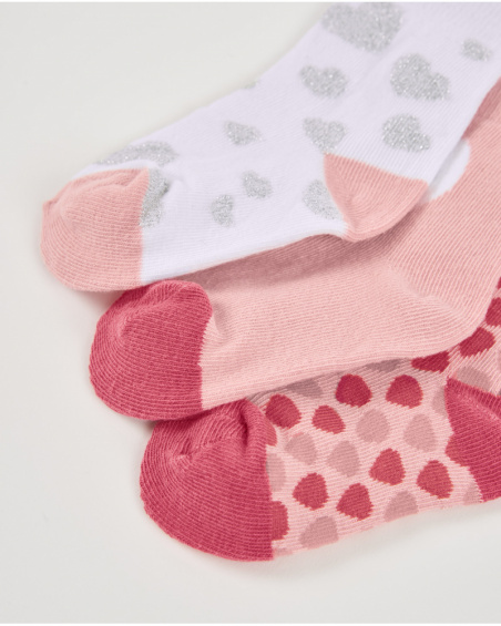 Set of 3 pairs of socks for baby girl in pink and white tones with heart designs