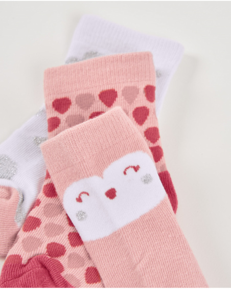 Set of 3 pairs of socks for baby girl in pink and white tones with heart designs