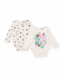 Pack of two long-sleeved bodysuits for baby girl with floral print in pastel tones.
