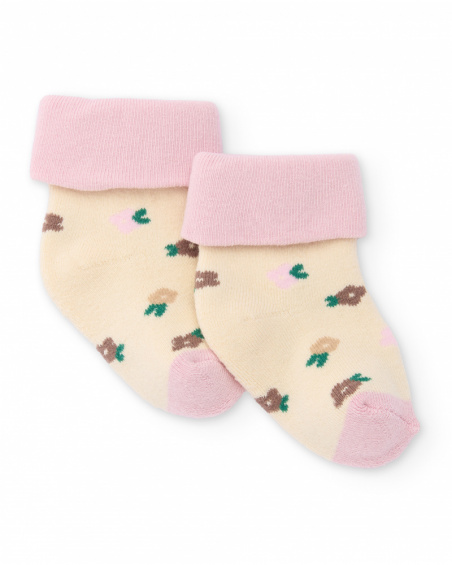 Baby girl socks in cream and pink tones with floral print