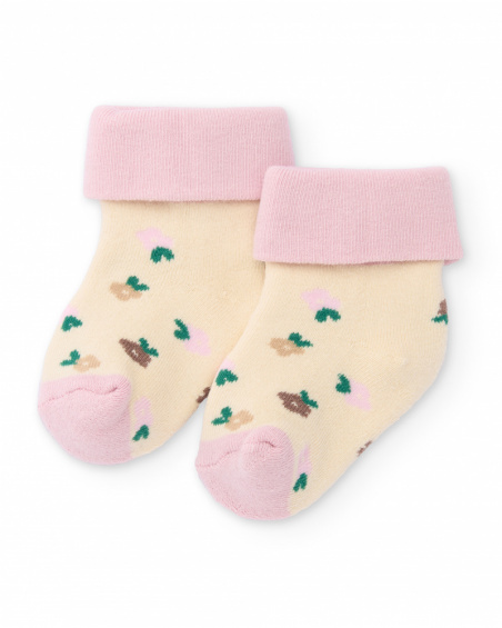 Baby girl socks in cream and pink tones with floral print