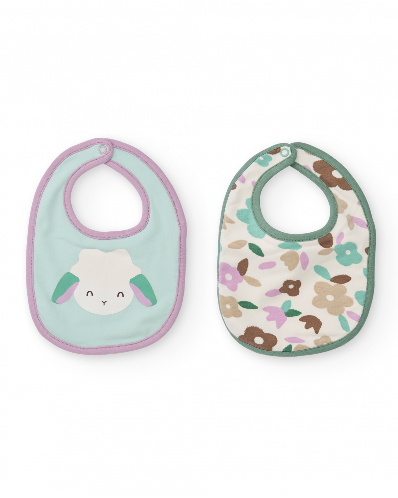 Set of two bibs for newborn with little sheep and flowers print in pastel tones.