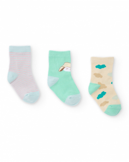 3-pack baby boy socks in green and blue tones with cloud, stripe, and sheep designs
