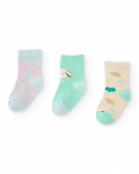 "Pack of 3 socks for newborn in green and blue tones with clouds, stripes, and little sheep