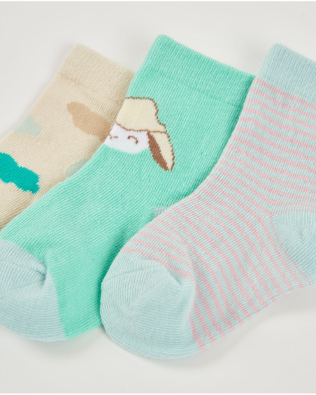 3-pack baby boy socks in green and blue tones with cloud, stripe, and sheep designs