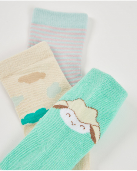 3-pack baby boy socks in green and blue tones with cloud, stripe, and sheep designs