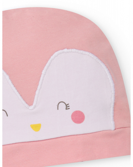 Pink knitted hat for girl with penguin applique.