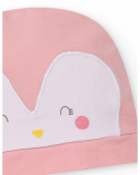 Pink knitted hat for girl with penguin applique.