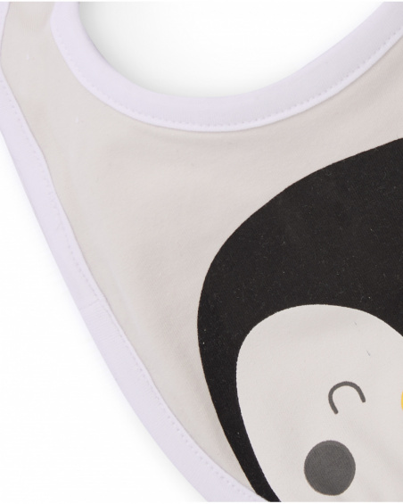 Set of two bibs for newborn with penguins print in white and yellow tones.
