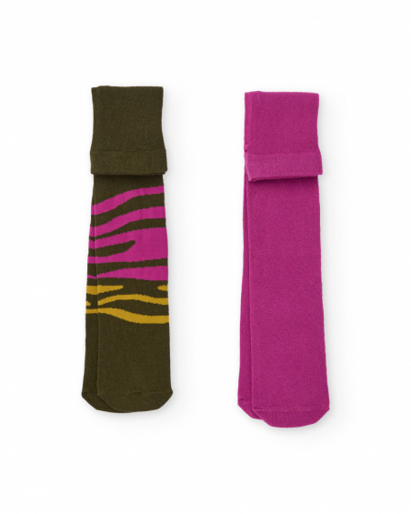 Pack of two girls' tights in fuchsia and green with printed design.