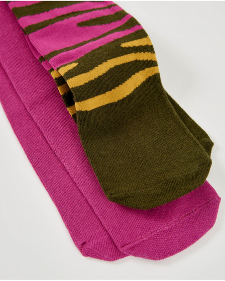 Pack of two girls' tights in fuchsia and green with printed design.