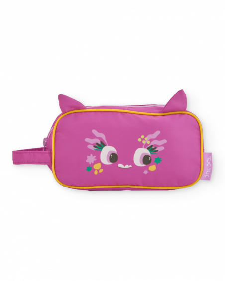 Pencil case for girls in fuchsia with fun face and flowers