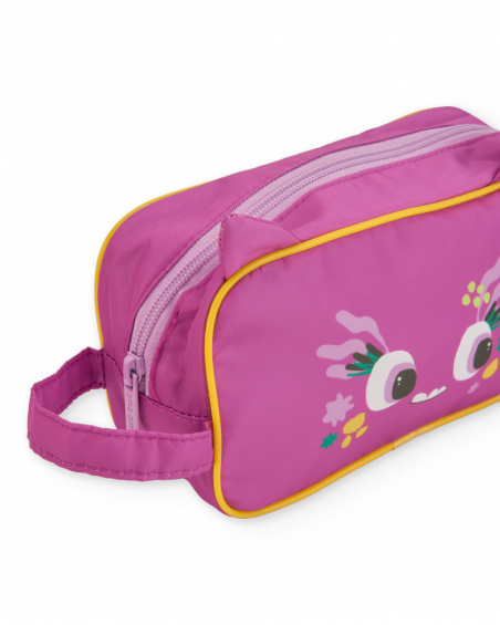 Pencil case for girls in fuchsia with fun face and flowers