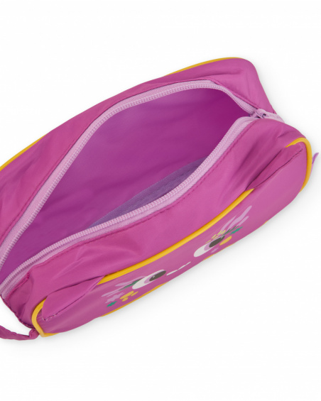 Pencil case for girls in fuchsia with fun face and flowers