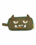 Pencil case for boys in green with monster face and 3D details