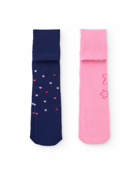 Pack of two tights for girls in navy blue and pink with star details.