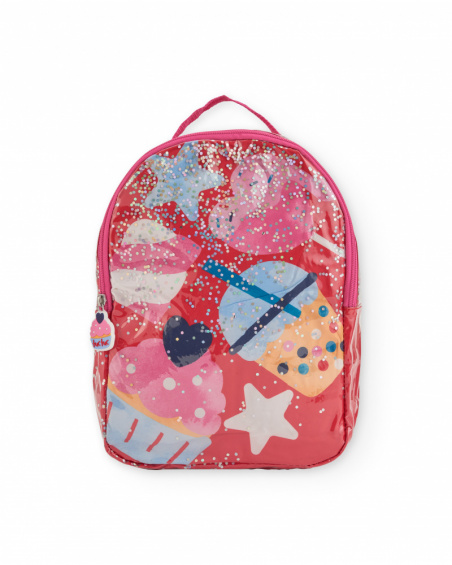 Coral backpack for girl with candy and star print.