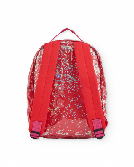 Coral backpack for girl with candy and star print.
