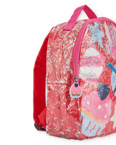 Coral backpack for girl with candy and star print.