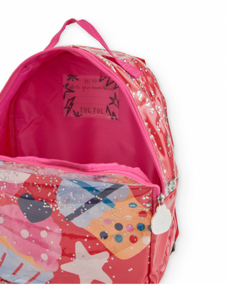 Coral backpack for girl with candy and star print.