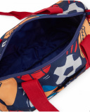 Navy blue sports bag for boy with multicolored ball print.