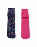 Pack of two girls' tights: one plain pink and one navy blue with atom design.