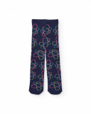 Pack of two girls' tights: one plain pink and one navy blue with atom design.