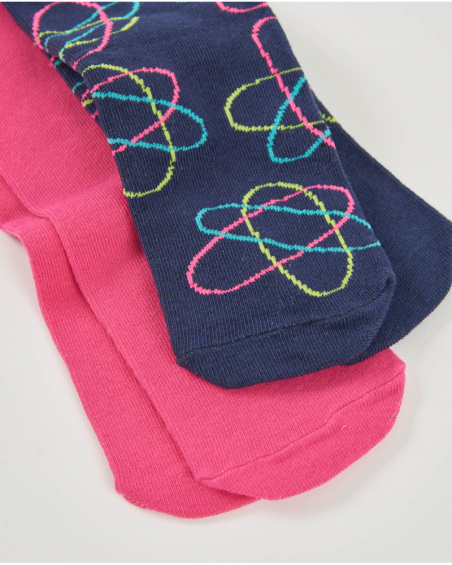 Pack of two girls' tights: one plain pink and one navy blue with atom design.