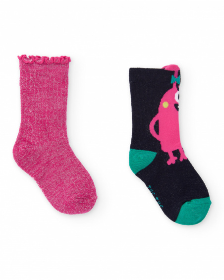 Pack de calcetines para niña en tonos fucsia y negro con diseño de monstruo y detalles en tejido