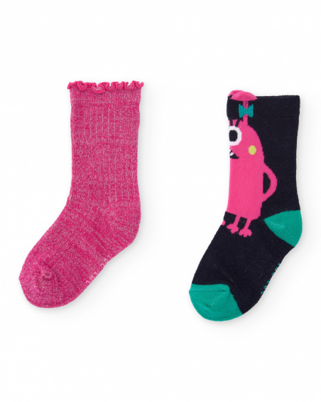 Pack de calcetines para niña en tonos fucsia y negro con diseño de monstruo y detalles en tejido